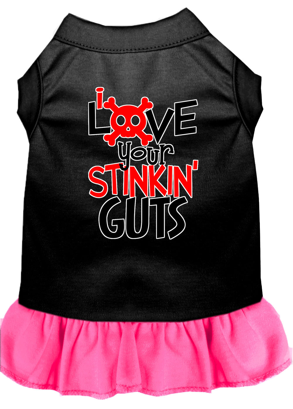 Love your Stinkin Guts Screen Print Dog Dress Black with Bright Pink Lg